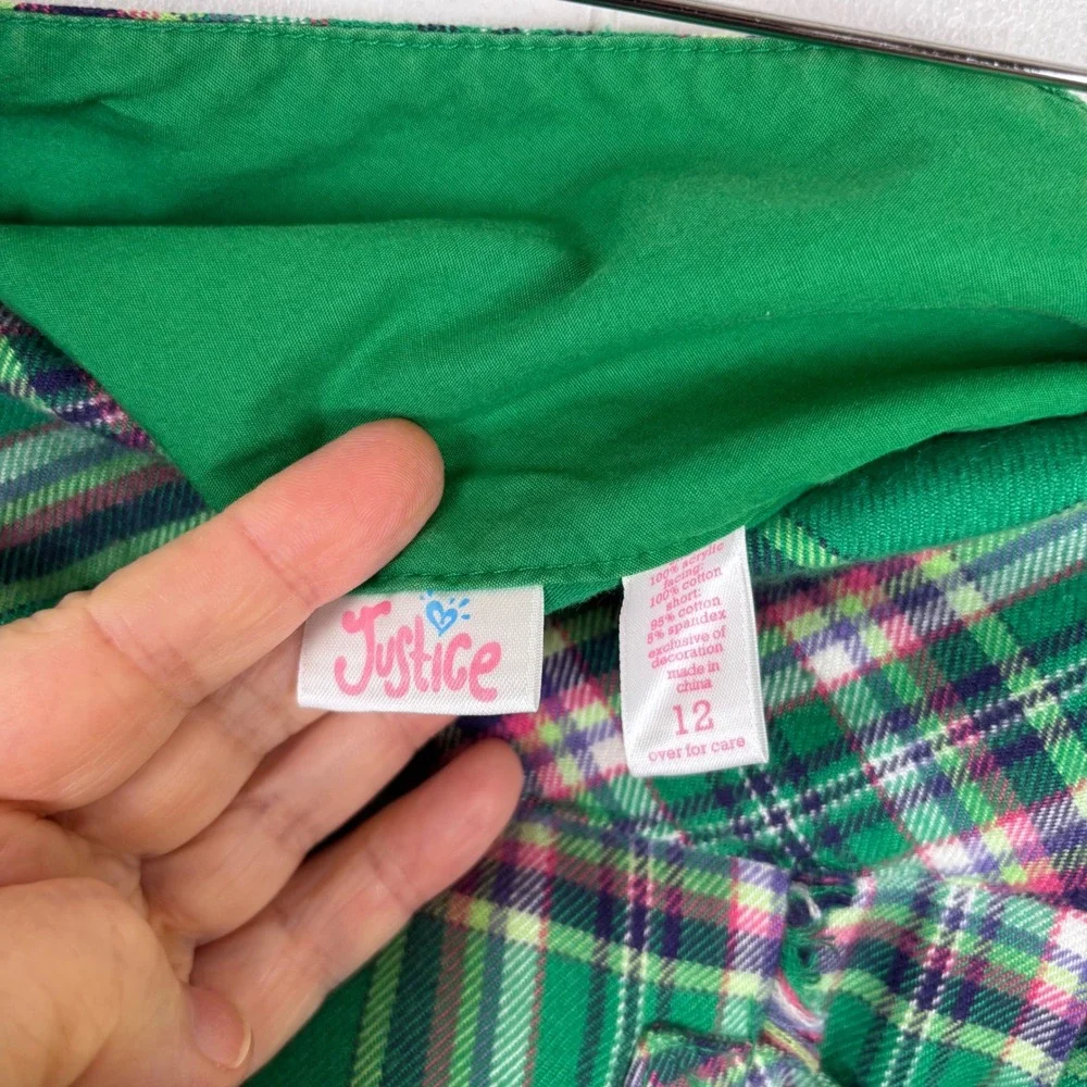 Y2K Justice Green Plaid Pleated‎ Mini Skorts Kilt Style Buckle Girls Size 12